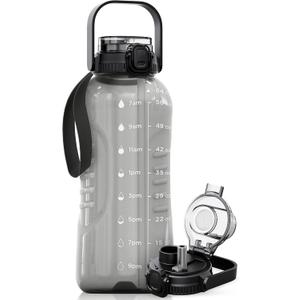 AQUAFIT 64 oz Water Bottle with Time Marker - 2in1 Straw & Chug Lid - BPA Free Big Water Bottle with Straw - Gym Water Bottle with Strap - Water Jug (64 Ounces, Gray)
