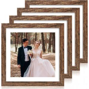 iRahmen 12x12 Picture Frame Set of 4 with Tempered Glass, Rustic Frame Display 10x10 Pictures with Mat or 12 x 12 Without Mat, Wood Square Photo Frames for Desktop Display and Wall Mounting