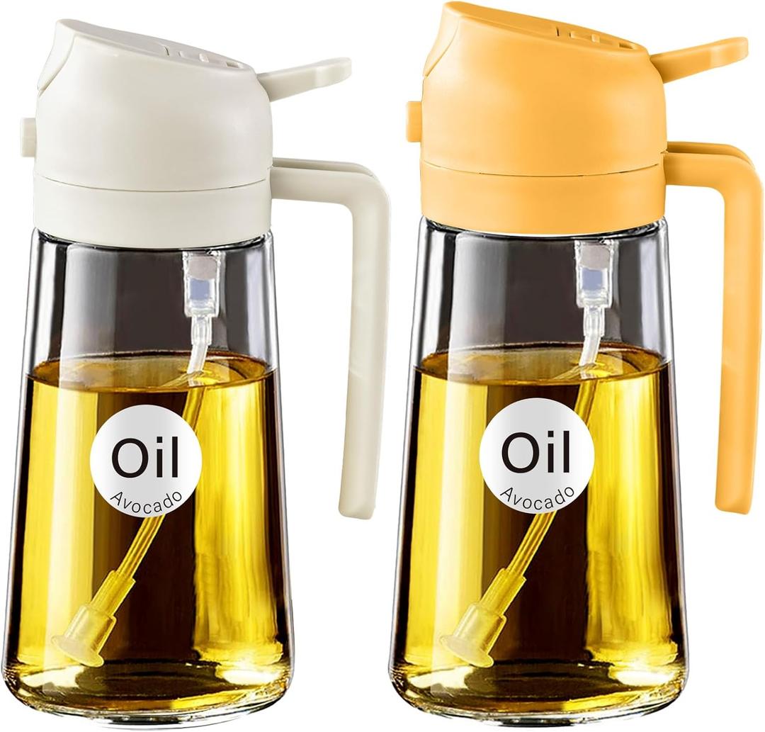 YARRAMATE 2Pcs 16oz/470ml 2 in 1 Oil Sprayer for Cooking with Stickers, Food-grade Glass Oil Spray Bottle, Oil Dispenser and Oil Sprayer for Kitchen, Salad, Frying, BBQ (White & Orange)