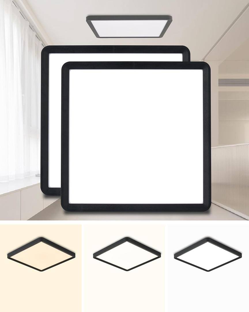 Square Led Flush Mount Ceiling Light,16 Inch 40w 3820lm led Light 3000k,4000k,6000k CCT Selectable,Flat Panel Super Slim Led Ceiling Light Fixture,for Living Dining Kitchen Bedroom Room (2 Pack-Black)