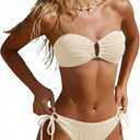 Yonique Women's Ribbed Bandeau Bikini - Sexy Two Piece Strapless Swimsuit String Tie Side Bathing Suit 2026 (Beige, L)