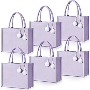 Paterr 6 Pack Personalized Valentines Day Canvas Tote Bags with Pom Poms Blank Reusable Valentines Bag with Handles for Gifts (Light Purple, White)