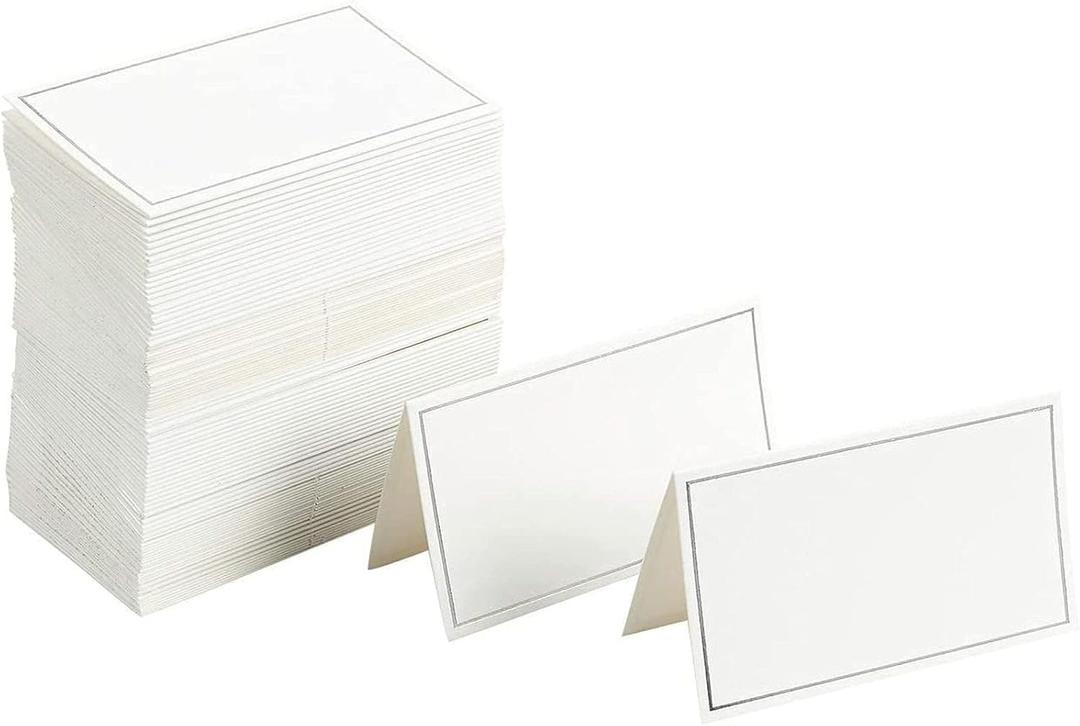 Best Paper Greetings Place Cards for Table Setting - 100-Pack 3.5 x 2 In White & Silver Foil Folded Tents - Wedding & Banquet Seating, Buffet Food Tags & Table Name Cards