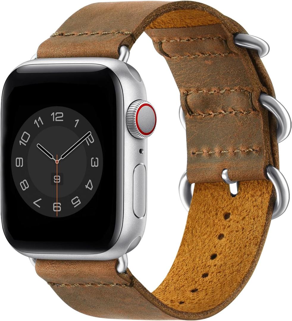 Vintage Leather Bands Compatible with Apple Watch Band 38mm 40mm 41mm 42mm 44mm 45mm 46mm 49mm,Genuine Leather Retro Strap Compatible for Men Women iWatch Ultra SE Series 10/9/8/7/6/5/4/3/2/1 (Brown/Silver)