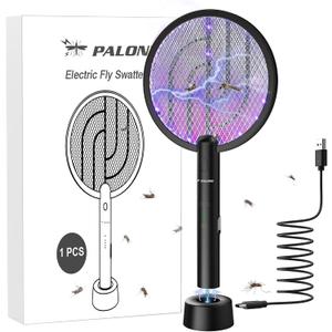 PALONE Electric Fly Swatter 4000V Bug Zapper Racket 2 in 1 Fly Swatter with 1200mAh Battery Rechargeable Mosquito Killer Lamp with 3 Layers Safety Mesh for Indoor and Outdoor (Black)