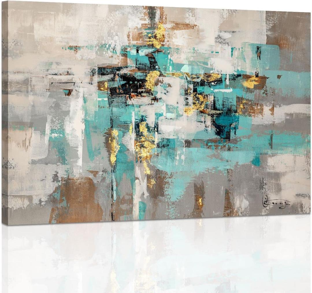 Teal Grey Canvas Wall Art: Blue Gray Abstract Picture for Living Room, Framed Turquoise Gold Painting Bedroom Office Home Decoration 16 x 24 Inch