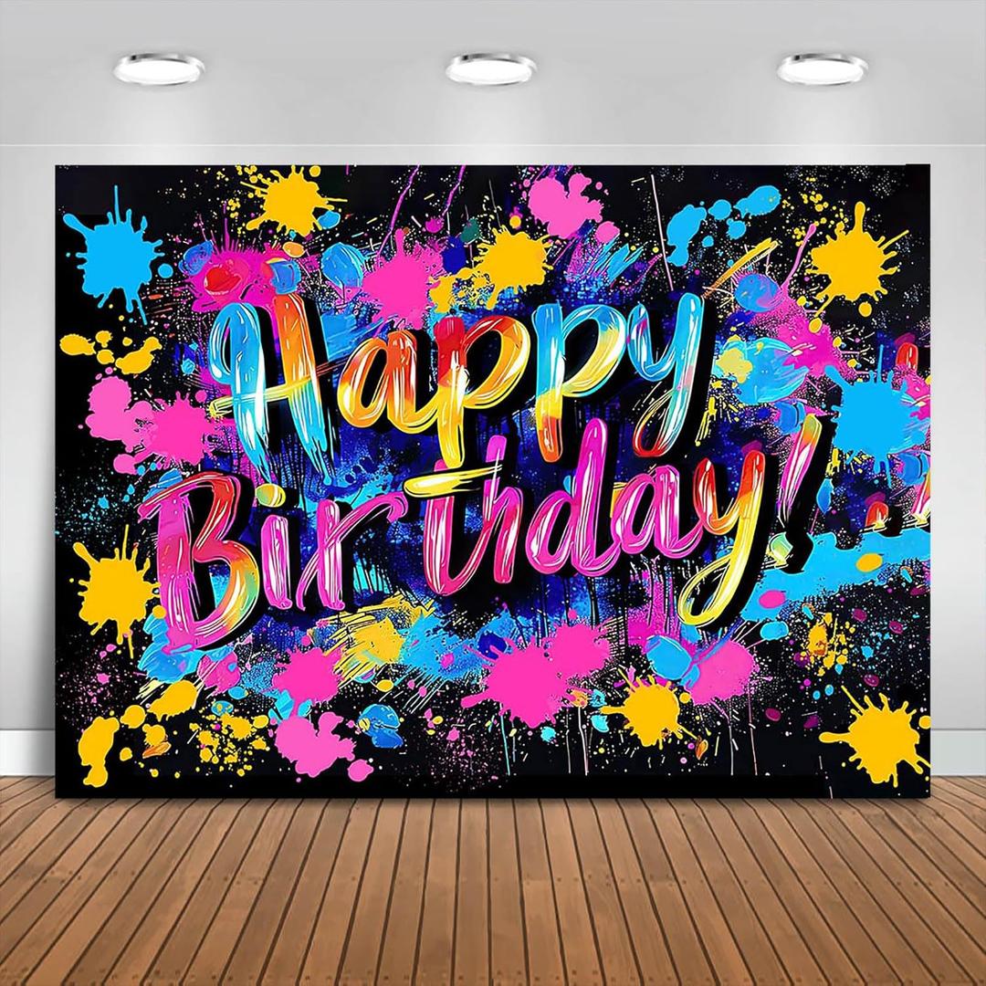 Graffiti Happy Birthday Backdrop 7x5ft Colorful Painting Birthday Party Decorations Background Neon Glow in The Dark Banner Photo Booth Props