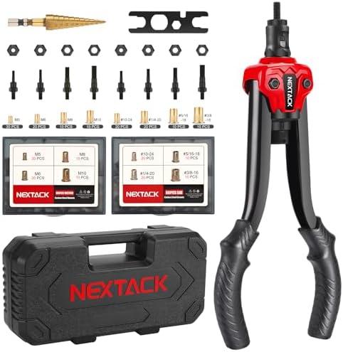 NEXTACK Rivet Nut Tool Kit with a Step Drill Bit, 120 Nutserts, Heavy Duty Rivnut Tool Set with 8 SAE & Metric Mandrels M5 M6 M8 M10 10-24 1/4-20 5/16-18 3/8-16, Organized Rugged Case (NT700)