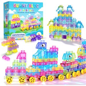 Soft Train Building Blocks with Wheels, 42 PCS Montessori Sensory Stacking Blocks, Toddler Learning Toy with Station, Squeezable, Stretchable & Stackable Tactile Toys, Preschool Creative Play for Kids