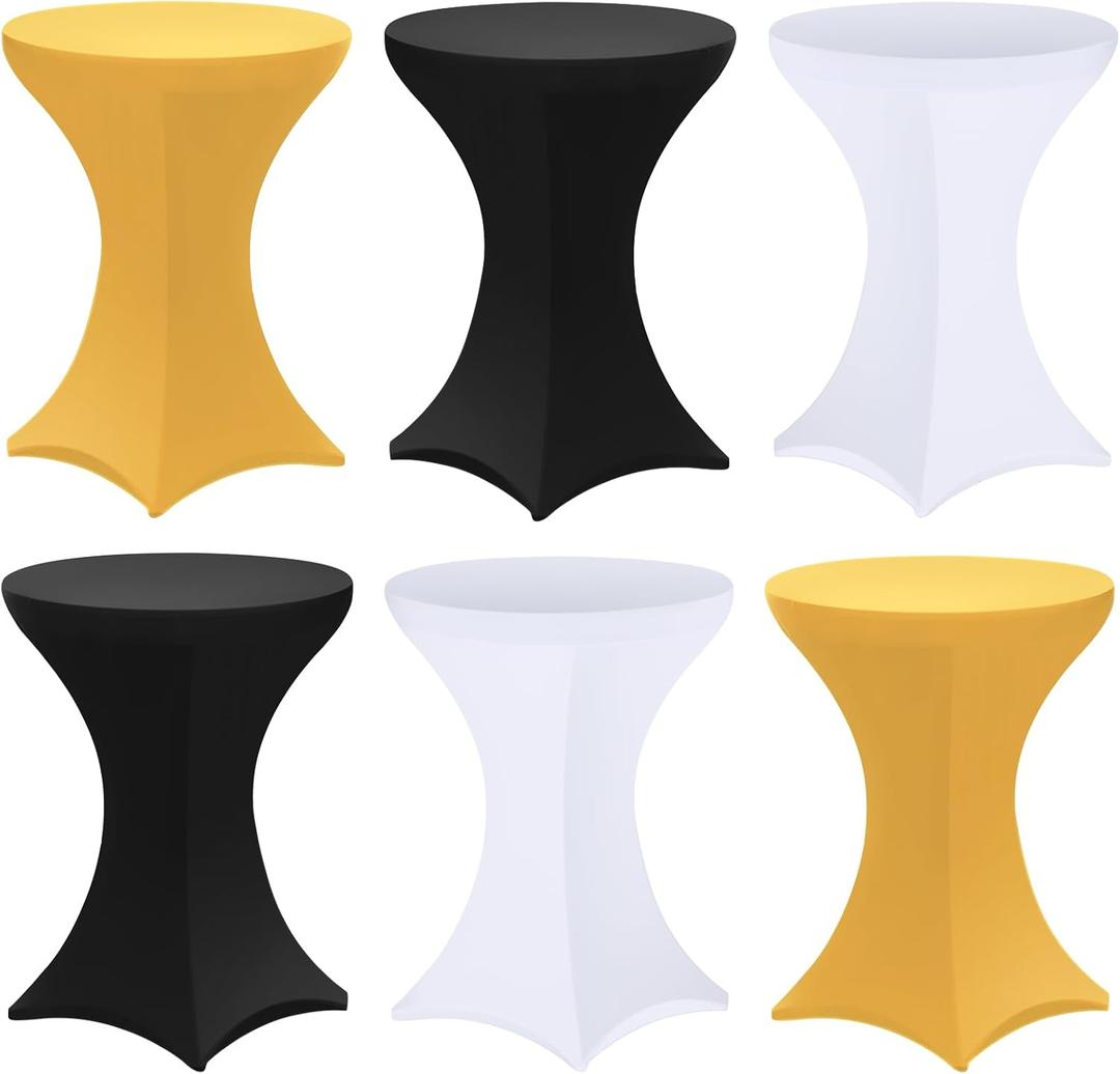 Preboun 6 Pack 32 x 43 Inch Highboy Spandex Cocktail Table Covers Fitted Stretch Cocktail Tablecloth Spandex High Top Table Cover for Birthday Wedding Graduation Party Round Tables(Black White Gold)