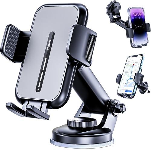 volport Cell Phone Mount for Car [Universal for iPhone Wallet & Thick Case] Military Suction Car Phone Holder for Dashboard & Windshield,  Missing Air Vent Clip, with Deep Wide Clamp for Big Heavy Cellphone