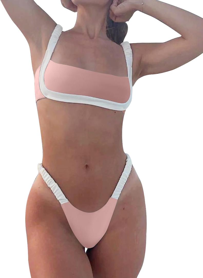 WODECASA Women's Colorblock Bikini Set Square Neck High Cut Cheeky Sexy Two Piece Swimsuit Bathing Suit (Pink, M)