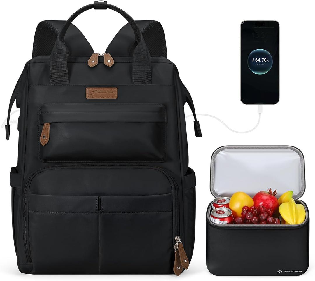Maelstrom Travel Backpack for Women Men, Laptop Backpack Fits 15.6-17.3 Inch Laptop, Nurse/Work Bag with Insulated Lunch Box (Black) (Standard)