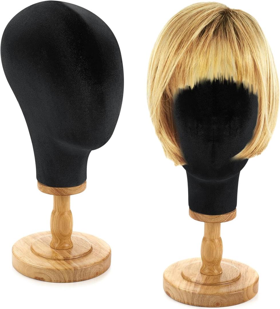 RattanView 2 Pcs Wig Stand with Head 23 Inch Linen Mannequin Head with Wooden Stand Canvas Mannequin for Hats Wigs Caps Headdress Home Store Hair Salon(Black)