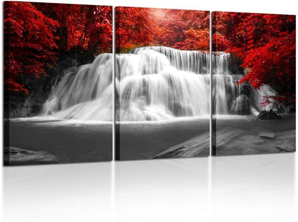 KREATIVE ARTS Black White and Red Canvas Wall Art 3 Pieces Red Woods Waterfall Canvas Print Landscape Paintings Framed Picture for Office and Home Dcor Ready to Hang 16x24inch