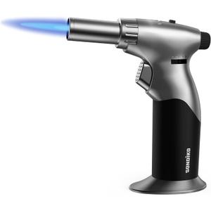 Sondiko Powerful DUAL Style Flame Butane Torch, Triple Adjustable Flame Size Butane Lighter, Refillable Blow Torch with Continuous Flame Lock for Creme Brulee, Cooking(Butane Gas Is Not Included) (Silver & Black)