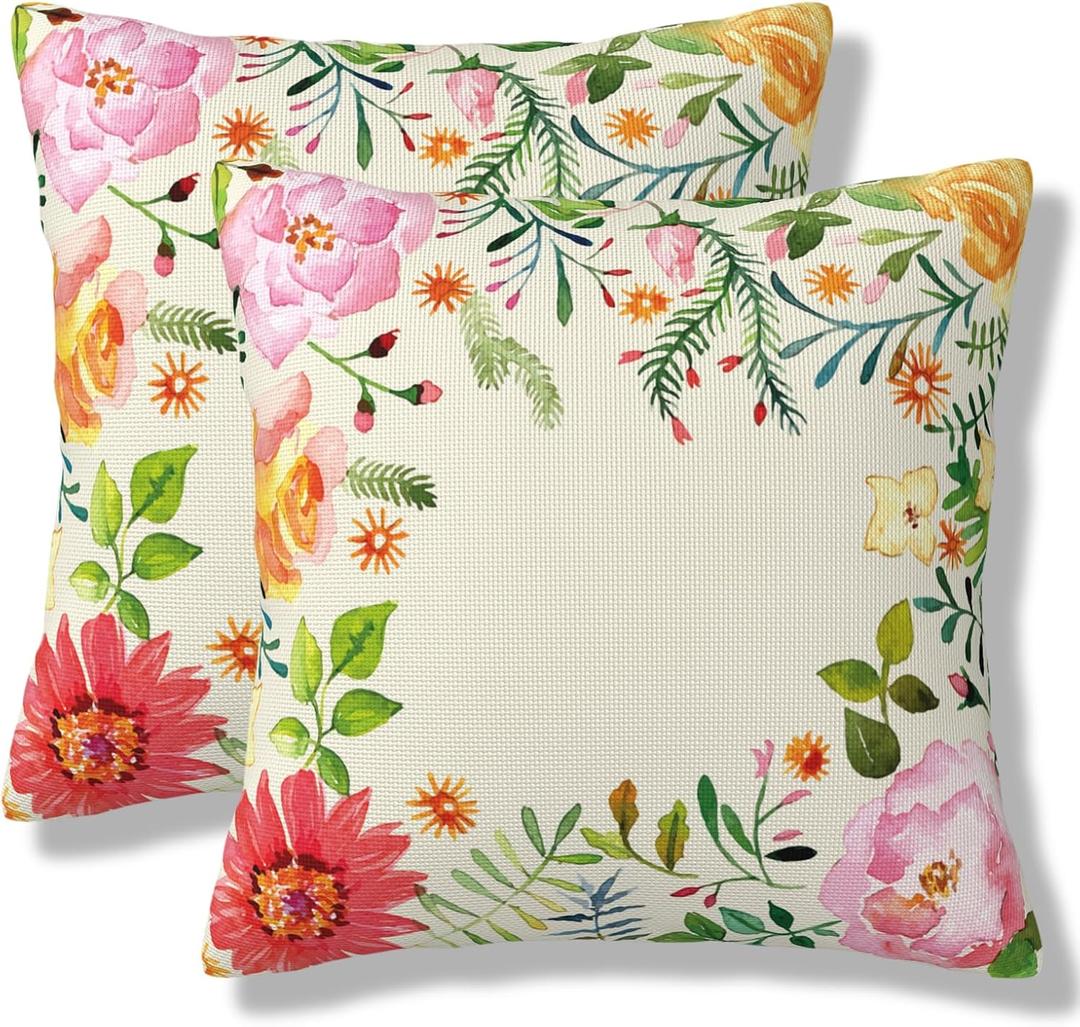 Summer Inspired Ornamental Throw Pillow Covers Pastel Mix Types of Flowers Square Pillow Cases 18x18 Inch Set of 2 Watercolor Flower Pillowcase Cushion Cover for Bedroom Couch Sofa