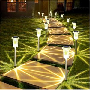 DenicMic Solar Lights Outdoor 10 Pack Waterproof 3000K Warm White LED Stainless Steel Stake Outside Lights for Yard Pathway Garden Driveway Walkway Landscape Path Lighting