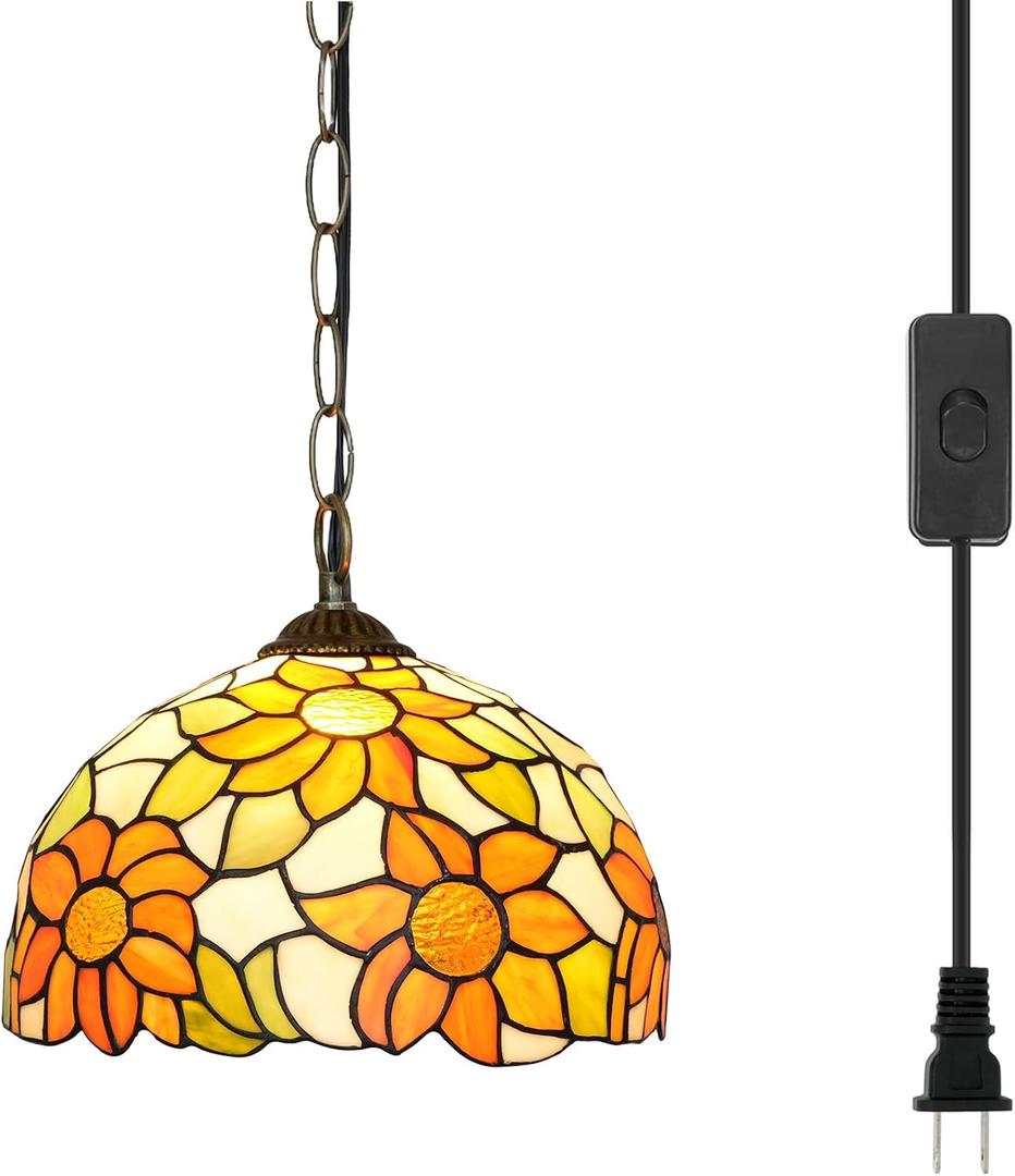 Tiffany Pendant Light Fixtures 12inch Yellow Sunflower Stained Glass Pendant Lighting Vintage Style Hanging Lamp for Home Decor Kitchen Island Dining Room Hallway Bar