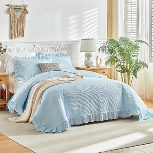 Blue Ruffle Quilt Set Full/Queen Size, 3 Pieces Shabby Chic Farmhouse Striped Bedspread Coverlet Set, Solid Lightweight Soft Microfiber Bed Cover for All Season (1 Ruffled Quilt + 2 Pillow Shams), Queen-90" x 90"