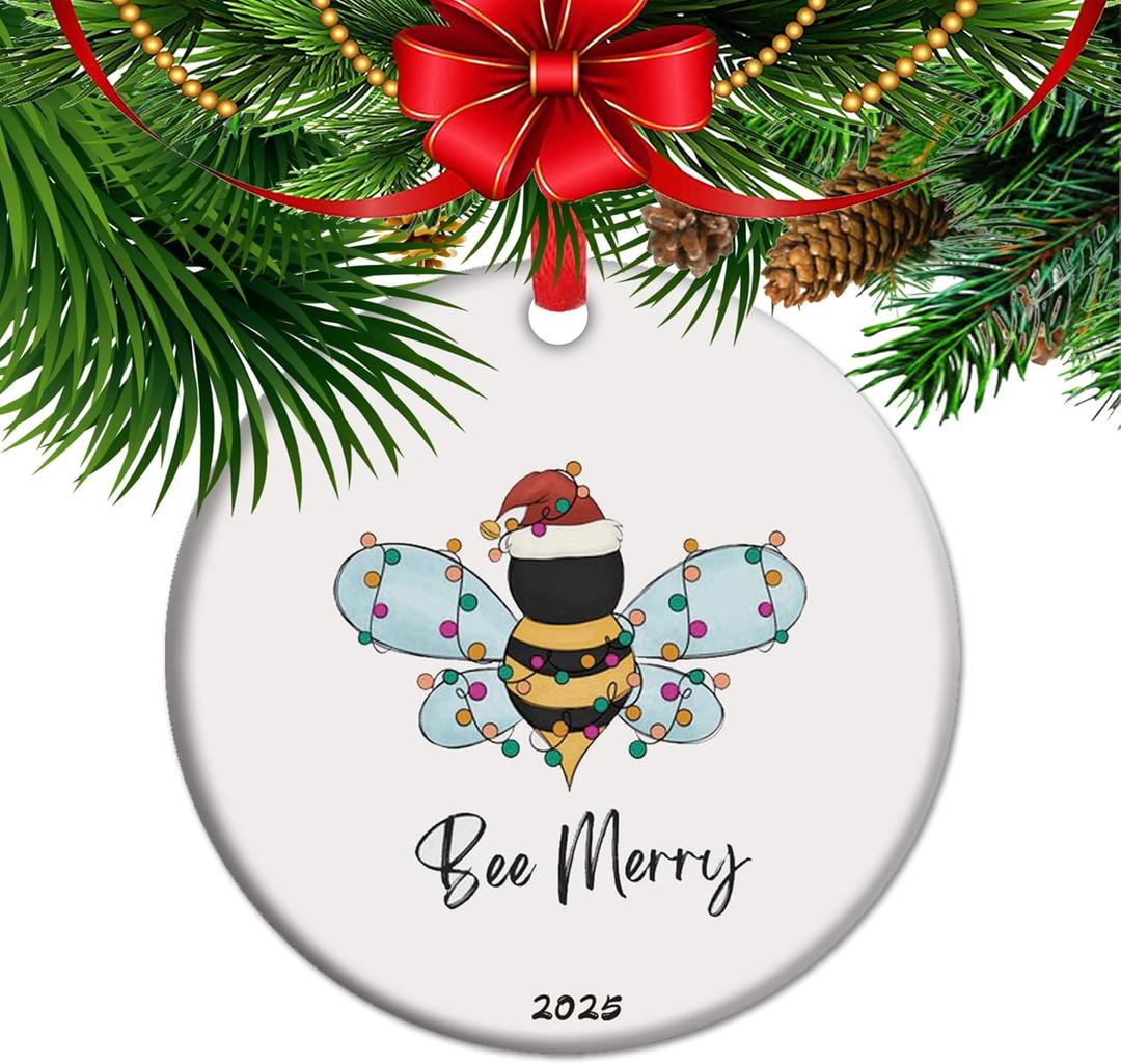 Be Merry Ceramic Christmas Ornament, Bee Lover Gift, Xmas Tree Trimming Party, Bee Keeper (C10)