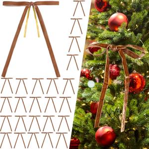 24Pcs Camel Velvet Christmas Tree Bows Ornaments Vintage Velvet Ribbon Bows for Tree Garland Wreath Indoor Outdoor Christmas Decor Xmas Decorations 3/8" Wide, 5 * 7 inch