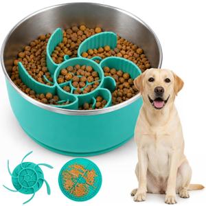 Slow Feeder Dog Bowls with Non-Slip Base for Large Dogs - Food Grade Stainless Steel Slow Feed Dog Bowl - Anti Gulp Metal Feeding Bowl Set with Lick Mat - Dishwasher Safe