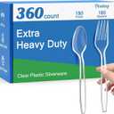 360 Count Extra Heavy Duty Clear Plastic Forks and Spoons, 180 Forks & 180 Spoons, Heat Resistant, Disposable Plastic Silverware Set