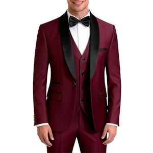 UNINUKOO Mens 3 Piece Suit Slim Fit Dress Tux Suits for Men Solid Color Wedding Classic Tuxedo Set, US Size XL, Wine Red