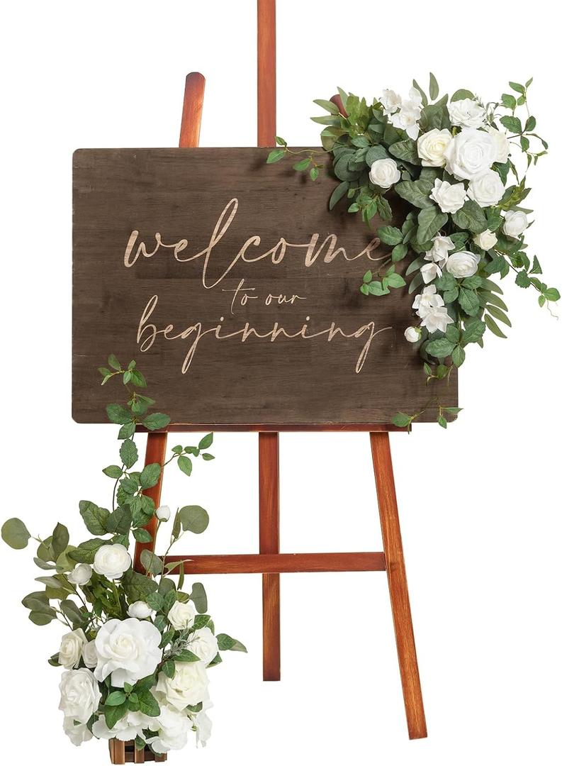 Ling's moment Wedding Welcome Sign Floral Swag 17.5" Tall Standing Artificial Flowers Backdrop Garland White Green Ceremony Reception Wall Easel Home Entryway Board Table Decorations NOT Include Sign