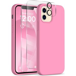for iPhone 12 Case and iPhone 12 Pro Case, [Camera Lens Protector + Screen Protector], Soft Microfiber Lining Silicone Shockproof Protective Slim Thin Phone Cover 6.1 inch, Tender Pink