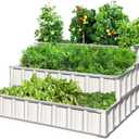 KING BIRD 3 Tiers Raised Garden Bed Dismountable Frame Galvanized Steel Metal Patio Garden Elevated Planter Box 46" x 46" x 23.6" for Growing Vegetables Flowers (Ivory)