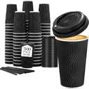Lamosi 16 oz Disposable Coffee Cups with Lids, 500 Pack Insulated Hot Cups To Go Paper Coffee Cups with Lids and Straws, Corrugated Ripple Wall Cup for Hot Drink, Office, Coffee Bar (Black)
