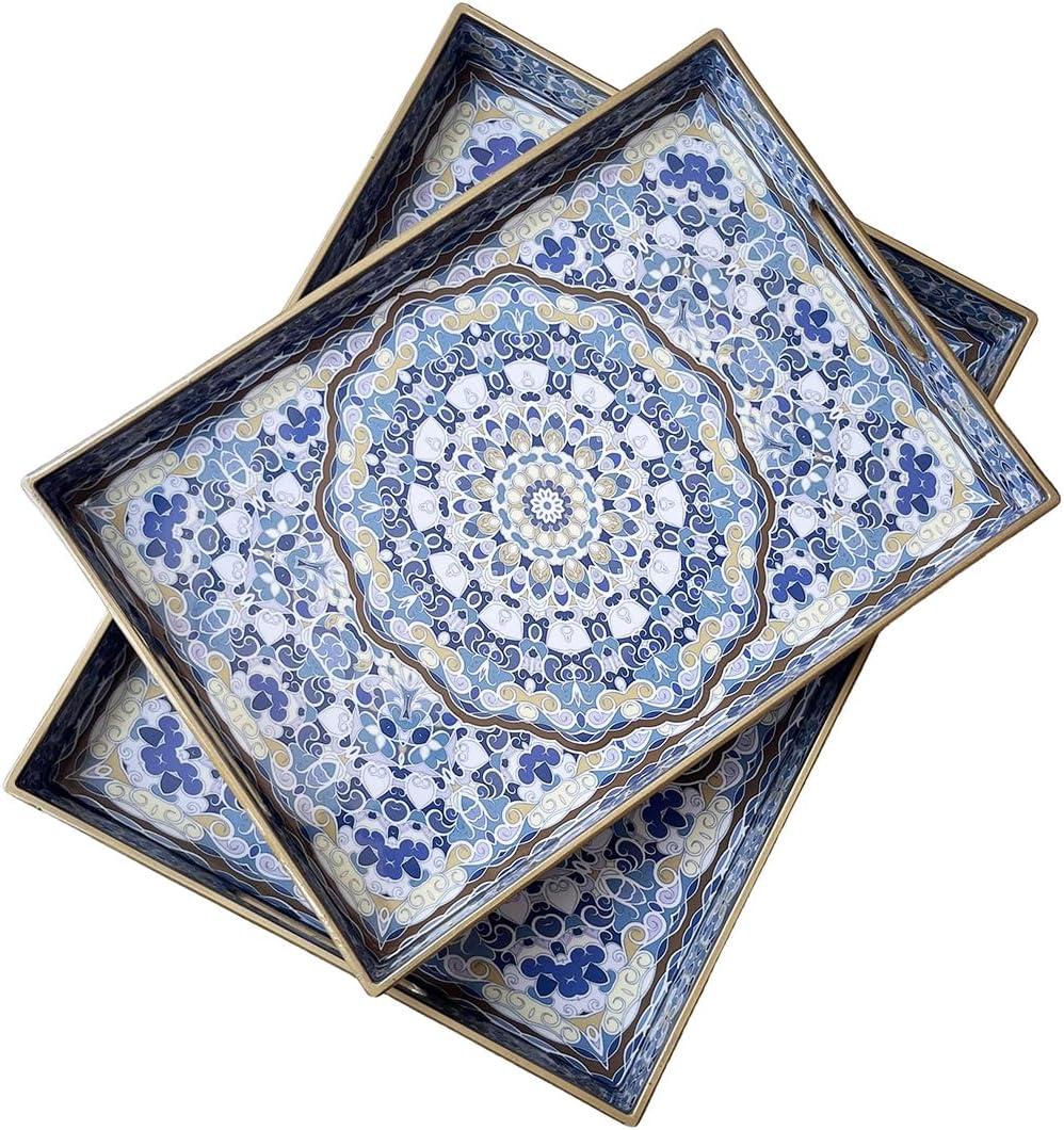 Boho Decorative Tray, Modern Blue Serving Tray with Handles, Ottoman Trays Set of 2, Plastic Coffee Table Tray for Living Room, Bathroom, Kitchen, Decor, Large 15.7*11.8, Small 13.7"*9.8"