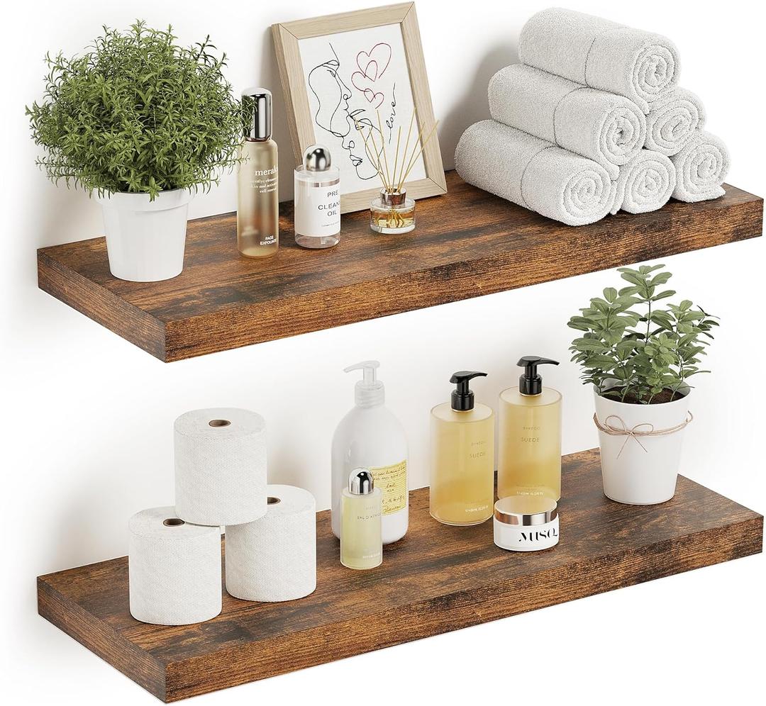 Deeper & Thicker Floating Shelves for Wall, Bathroom Shelves 24 inches Long Floating Shelf for Wall Set of 2, Over Toilet Wall Mounted Farmhouse, Rustic Brown (24''W x 9.1''D x 1.5''H,Set of 2-MDF)