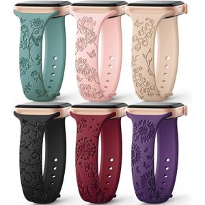 AMSKY 6 Pack Slim Floral Engraved Bands Compatible with Apple Watch Band 40mm 41mm 42mm 38mm 44mm 45mm 46mm 49mm for Women,Cute Silicone Sport Strap for iWatch Series 11 10 Ultra 9 8 7 6 5 4 3 2 1 SE (Black/Wine Red/Deep Purple/Cactus/Pink Sand/Teal Milk)