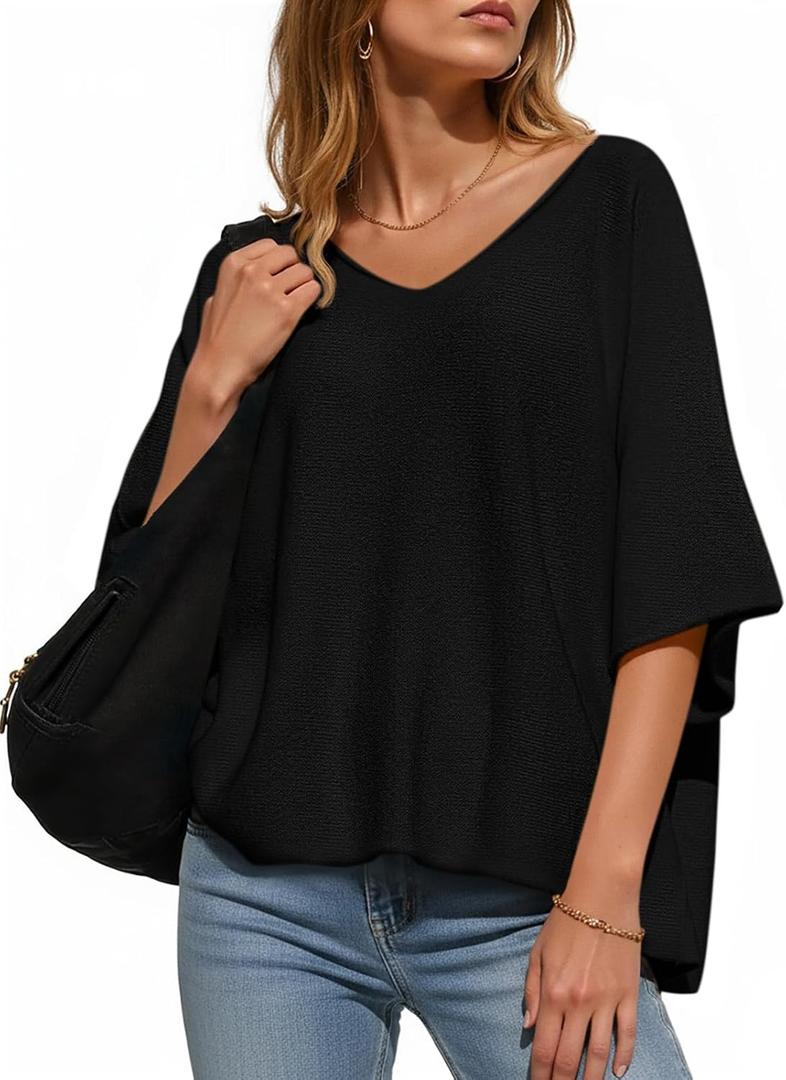 Saodimallsu Womens Short Sleeve Sweater Summer Oversized V Neck Knitted Pullover Trendy Casual Tops (L)