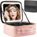 Makeup Travel Train Case with Mirror LED Light 3 Adjustable Brightness Large Cosmetic Bag Portable Storage Adjustable Partition Waterproof Makeup Brushes Make up Jewelry Gift for Women (Pink)