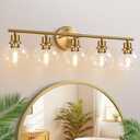 Indoi 5-Light Bathroom Light Fixture, Modern Brushed Gold Bathroom Lights Over Mirror with Clear Glass Globe Shades, Vanity Lighting Fixtures for Kitchen, Living Room, Hallway, Bedroom, Porch
