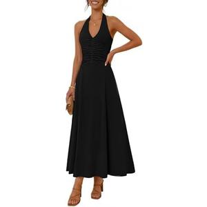 MEROKEETY Women's Formal Halter Maxi Dress 2026 Summer Backless Sleeveless V Neck Ruched Cocktail Wedding Guest Dresses Small