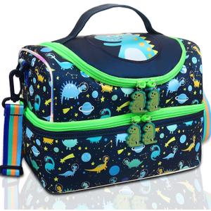 RHCPFOVR Kids Lunch Bag - Double - Decker Cooler Insulated Lunch Box for Boys Girls,Washable Lunch Bag with Strap and Reusable Toddler Lunchbox for School and Daycare (Dark Blue Dinosaur)