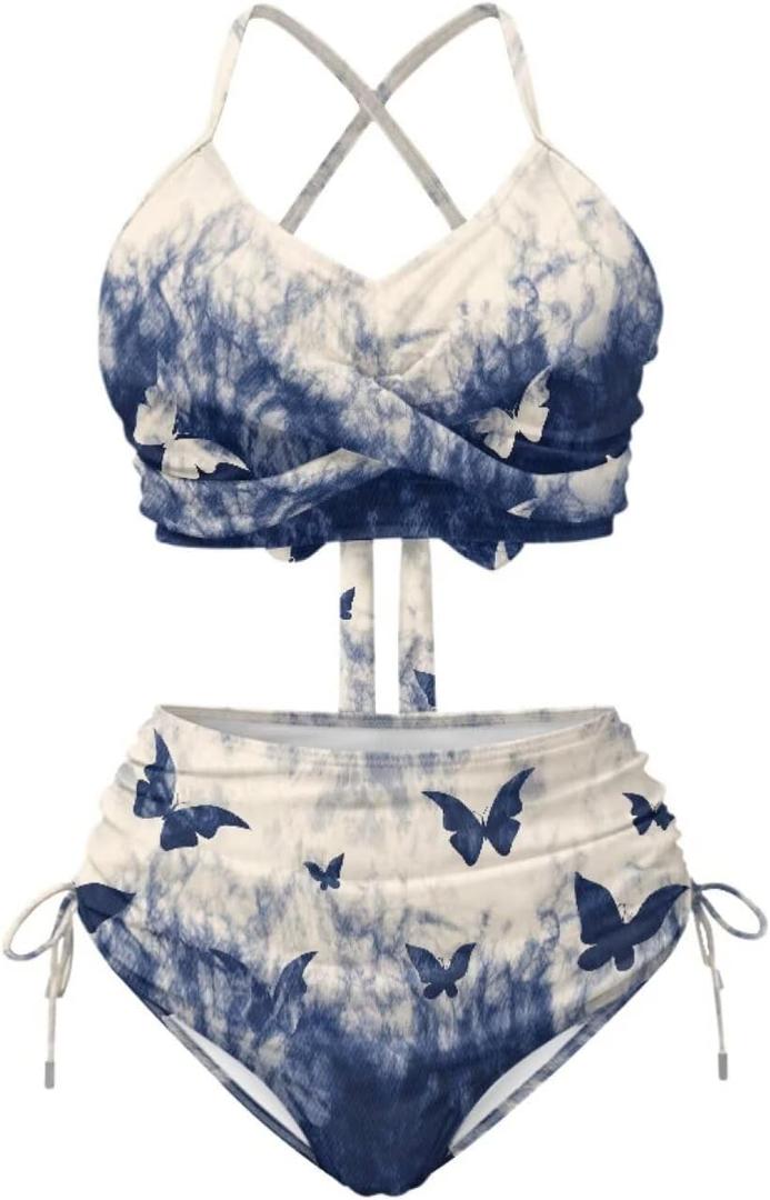 Two Piece Bikini Set for Women Sexy Bathing Suit Ruched Swimsuit Tie Two Sides Bottom Swimwear L