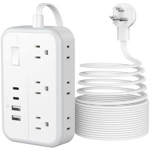 Flat Plug Extension Cord 15 ft, Surge Protector Power Strip, Outlet Extender with 6 Outlets 4 USB Ports, Overload Protection, Long Extension Cord with Multiple Outlets for Indoor, Home, Office, White