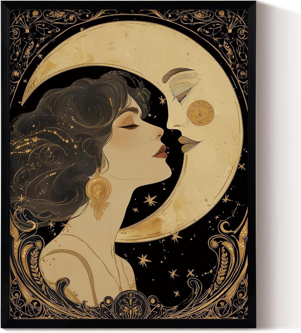 ARPEOTCY Framed Canvas Wall Art,11x14 Inch Vintage Moon and Woman Wall Art, Celestial Goddess Nouveau Black Gold Romantic Print, Mystical Boho Wall Decoration for Living Room Entryway Bedroom