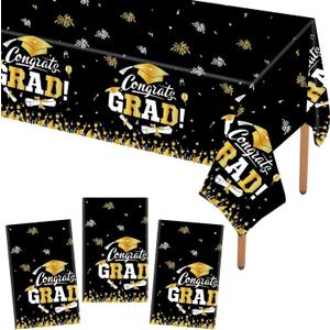STARSIDE Set of 3 Plastic 2025 Graduation Tablecloth,54"x108" Graduation Party Table Decorations, Congrats Grad Disposable Tablecovers for Congrats Grad Party SuppliesBlack Golden