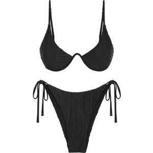 ZAFUL Women's Bikini Sets Ribbed Two Piece Swimsuits Underwire Adjustable Back Clasp Bathing Suit Side Tie Thong Swimwear  Black L