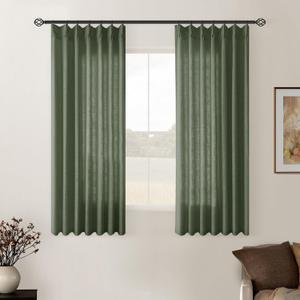 Olive Green Linen Curtains 45 Inch Length 2 Panel Set for Small Windows Rustic Country Linen Cotton Light Filtering Drapes Privacy Pinch Pleated Back Tab Semi Sheer Kitchen Curtains 45 Inches Long