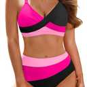 Aqua Eve Women's High Waisted Bikini - Twist Front Two Piece Swimsuits Full Coverage Color Block Bathing Suits 2025 Swimwear (Medium, Pink Black)