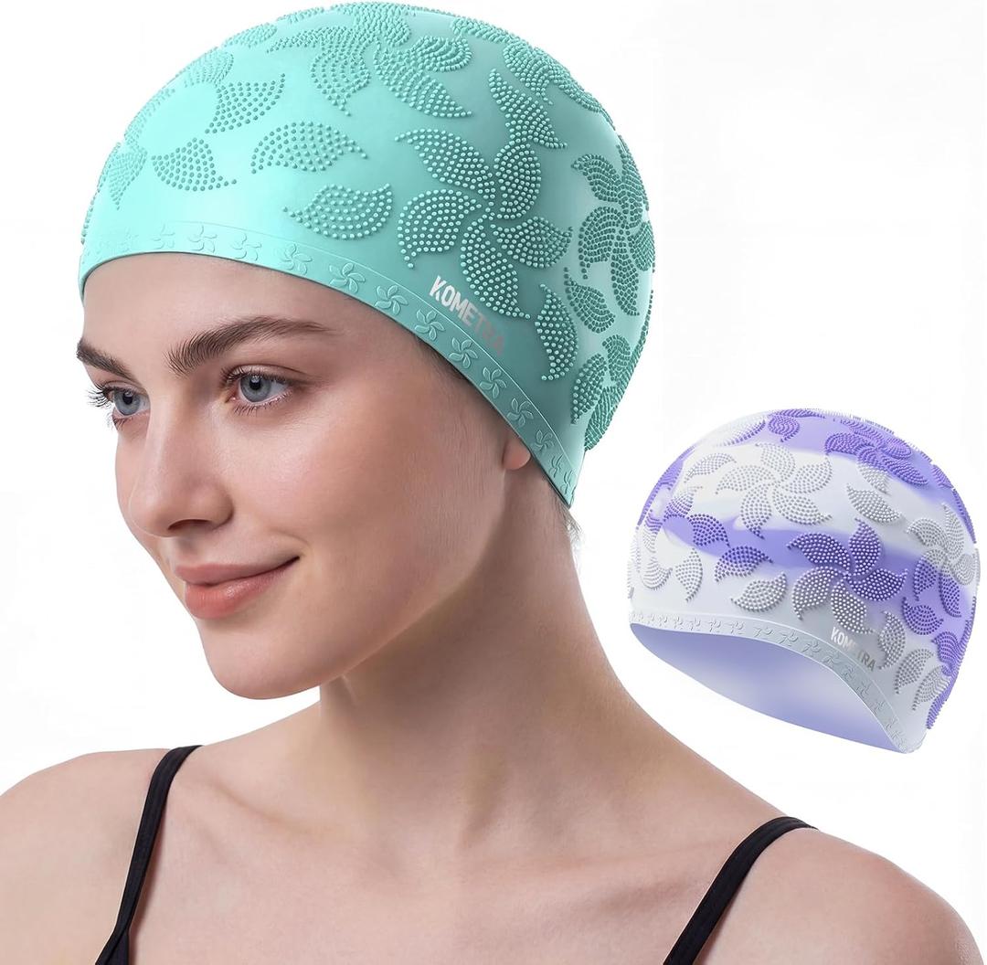 2 x Women Swim Cap 2 Pack for Long Hair, Silicone Flower Adult Swimming Caps Waterproof for Girl Youth No Wet Hair