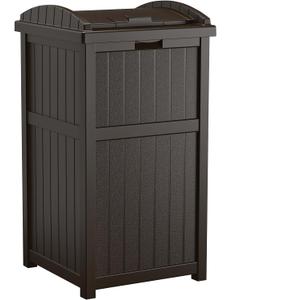 Suncast 33 Gallon Durable Plastic Hideaway Outdoor Garbage Can with Secure Lid and Wicker Design for Home Backyards, Decks, or Patios, Java Brown (1 Pack)